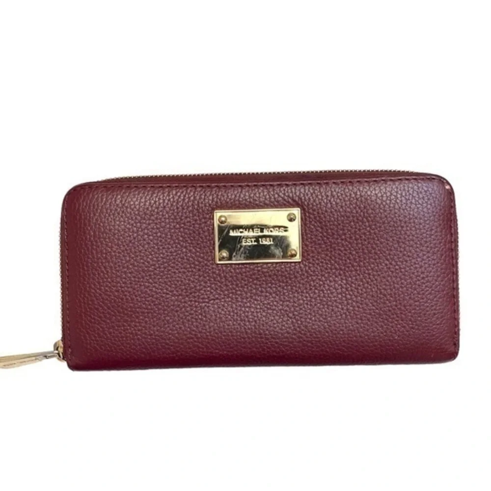 Michael kors burgundy red leather long zipper clutch wallet